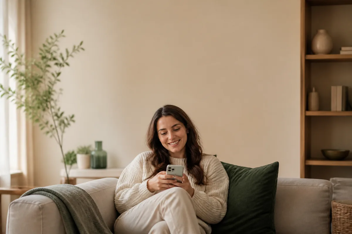 A woman using her phone in a comfortable home setting